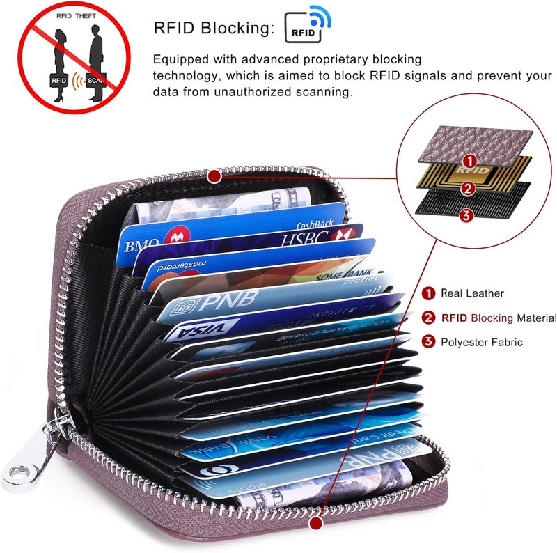 FEITH&FELLY Genuine Leather Credit Card Holder RFID Small Zipper Card Case Wallet for Women & Men - Image 3